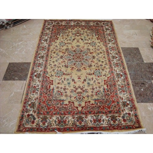 Ahmedani Awesome Cream Floral Medallion Hand Knotted Silk Wool Carpet 6.6' x 4.1' Area Rug - Multi-Colour