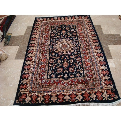 Mid Night Blue Love Flowers Area Rug Hand Knotted Wool Silk Carpet'