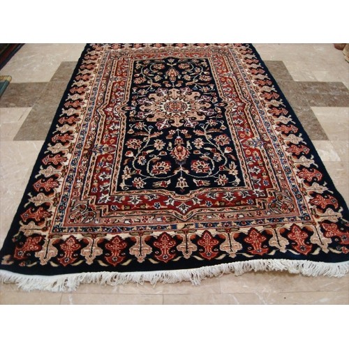 Mid Night Blue Love Flowers Area Rug Hand Knotted Wool Silk Carpet'