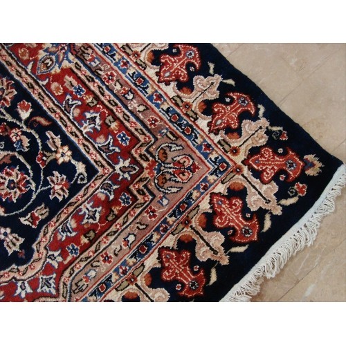 Mid Night Blue Love Flowers Area Rug Hand Knotted Wool Silk Carpet'