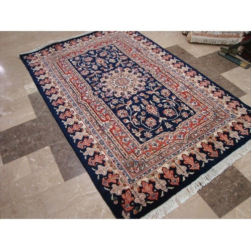 Mid Night Blue Love Flowers Area Rug Hand Knotted Wool Silk Carpet'