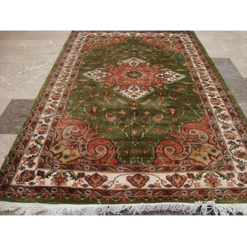 Ahmedani Lovely Medallion Hand Knotted Wool Silk Carpet 6.0' x 4.0' Area Rug - Olive Green