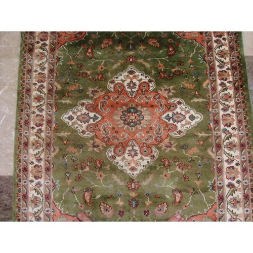 Ahmedani Lovely Medallion Hand Knotted Wool Silk Carpet 6.0' x 4.0' Area Rug - Olive Green