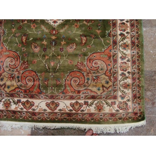 Ahmedani Lovely Medallion Hand Knotted Wool Silk Carpet 6.0' x 4.0' Area Rug - Olive Green