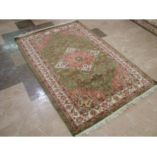 Ahmedani Lovely Medallion Hand Knotted Wool Silk Carpet 6.0' x 4.0' Area Rug - Olive Green