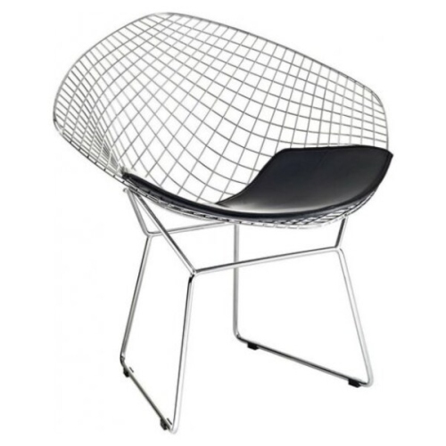 NICER INTERIOR Bertoian Diamond Lounge Chair- Chromed Steel Wire Frame Lounge Arm Chair With Leatherette Pu Pad Black