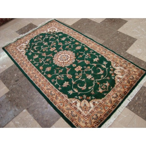 Exclusive Dark Green Floral Medallion Area Rug Hand Knotted Wool Silk Carpet'
