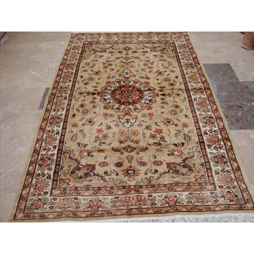 AHMEDANI  Love Exotic Floral Medallion Hand Knotted Wool Silk Carpet 7.8' X 4.11' Area Rug - Multi-Colour In Beige