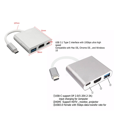 Speedex 3 in 1 USB Type-C to HDMI+USB3.0+TYPE C Multiport Charging Converter HUB Adapter