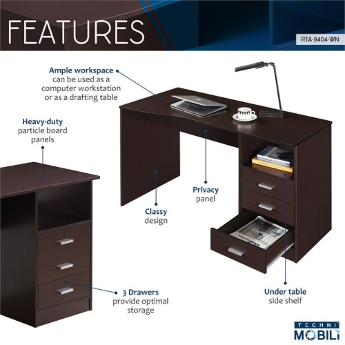 Techni Mobili Classy Computer Desk with 3 Drawers in Espresso
