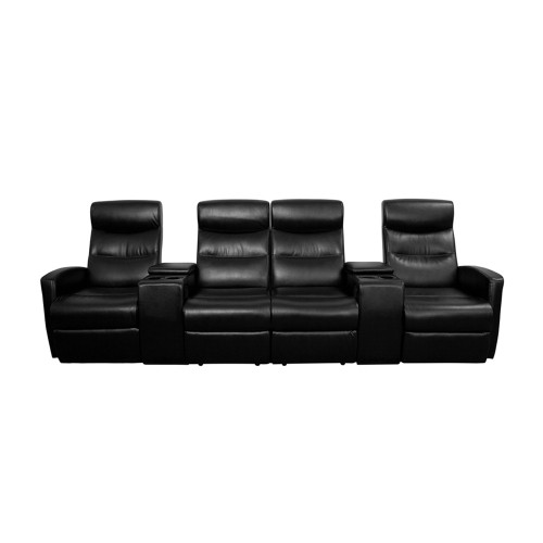 Black Leather 4 Seat Home Theater Recliner With Storage Consoles