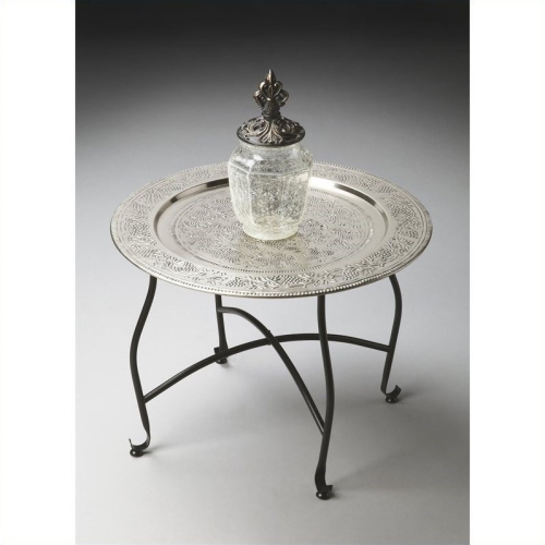 BUTLER SPECIALTY  Metalworks Moroccan Round Tray Table In Silver