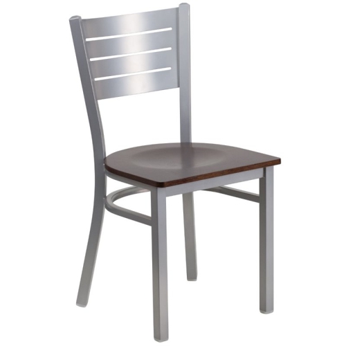 FLASH FURNITURE Hercules Series Silver Slat Back Metal Restaurant Chair - Walnut Wood Seat