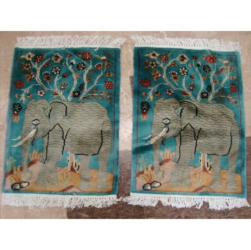 AHMEDANI  Wow Elephant Pair Exclusive Hand Knotted Wool Silk Carpet 2.0' X 1.6' Area Rug - Multi-Colour