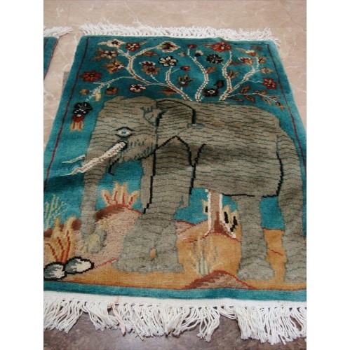 Ahmedani Wow Elephant Pair Exclusive Hand Knotted Wool Silk Carpet 2.0' x 1.6' Area Rug - Multi-Colour