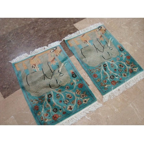 Ahmedani Wow Elephant Pair Exclusive Hand Knotted Wool Silk Carpet 2.0' x 1.6' Area Rug - Multi-Colour