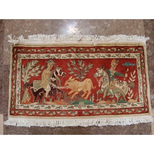 Ahmedani Shikar Gah Horse Hand Knotted Wall Hang Rug Wool Silk Carpet 2.10' x 1.6' Area Rug - Multi-Colour
