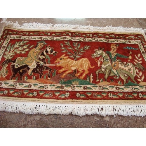 Ahmedani Shikar Gah Horse Hand Knotted Wall Hang Rug Wool Silk Carpet 2.10' x 1.6' Area Rug - Multi-Colour