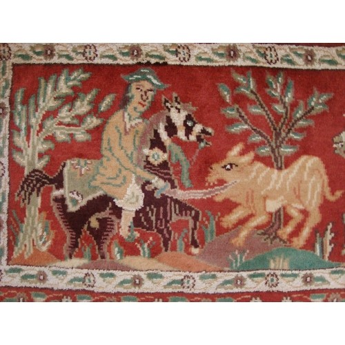 Ahmedani Shikar Gah Horse Hand Knotted Wall Hang Rug Wool Silk Carpet 2.10' x 1.6' Area Rug - Multi-Colour