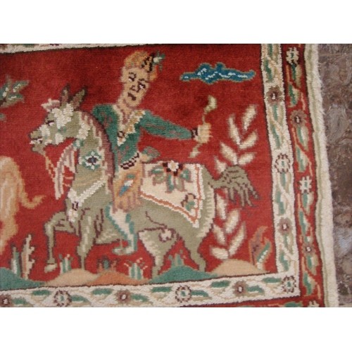 Ahmedani Shikar Gah Horse Hand Knotted Wall Hang Rug Wool Silk Carpet 2.10' x 1.6' Area Rug - Multi-Colour