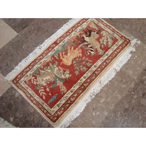 Ahmedani Shikar Gah Horse Hand Knotted Wall Hang Rug Wool Silk Carpet 2.10' x 1.6' Area Rug - Multi-Colour