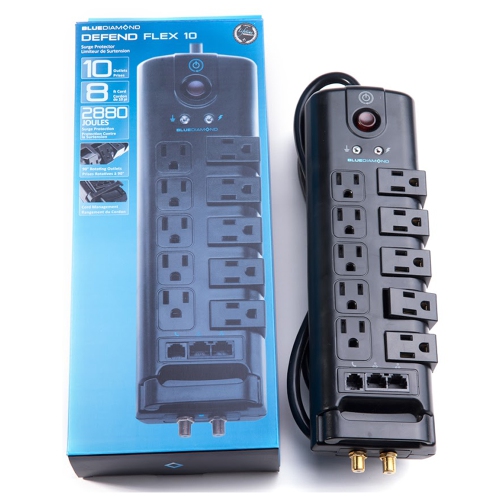 BlueDiamond Defend Flex 10 Oulets Surge Protector|8ft Heavy Duty Power Cord|Five 90° Rotating Outlets|Phone Line Protection|2880 Joule Energy