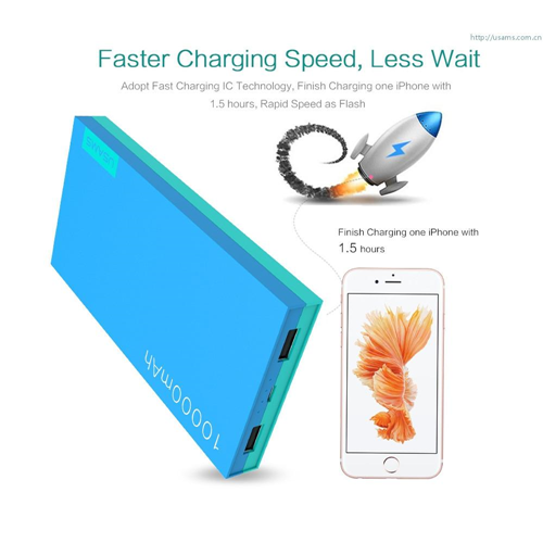 USAMS Portable Dual Port Power Bank 10,000mAh Blue Colour