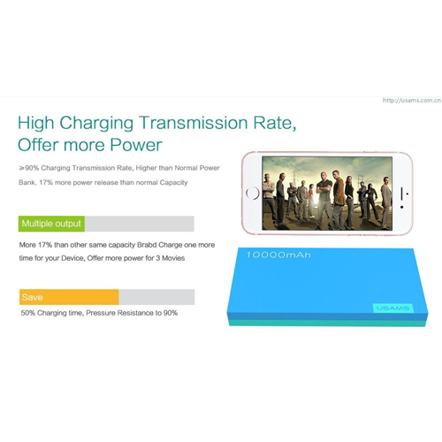 USAMS Portable Dual Port Power Bank 10,000mAh Blue Colour