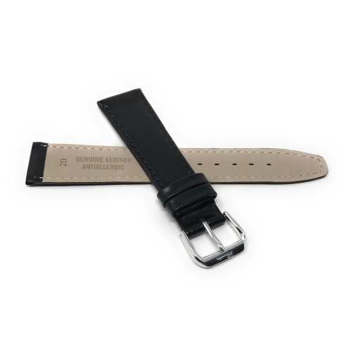10mm Black with Stitching, Genuine Leather Slim Watch Strap Band, Silver Coloured Buckle, Unisex