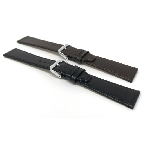 10mm Black with Stitching, Genuine Leather Slim Watch Strap Band, Silver Coloured Buckle, Unisex