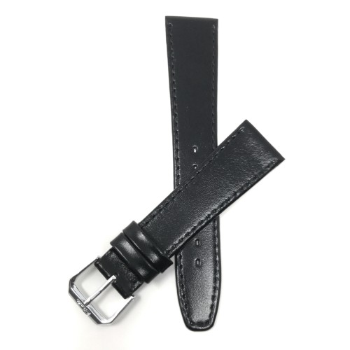 8mm Black with Stitching, Genuine Leather Slim Watch Strap Band, Silver Coloured Buckle, Unisex