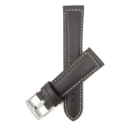 24mm Brown Genuine Leather Watch Band Strap, Mat Finish, White Stitching, Also Comes in Black, Tan and Light Brown