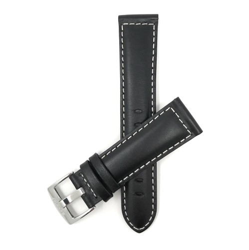 BANDINI  20MM Black Smartwatch Strap for Motorola 360 (42MM Case), Leather, Mat Finish Stitching In White
