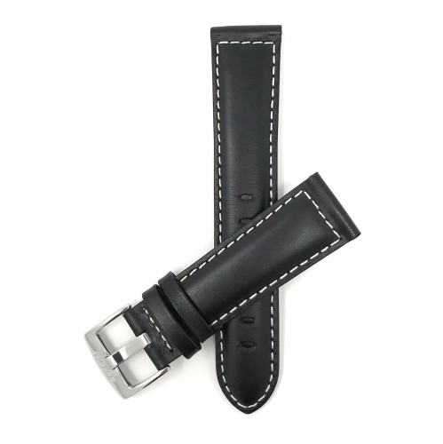 24mm Black Genuine Leather Watch Band Strap, Mat Finish, White Stitching, Also Comes in Brown, Tan and Light Brown