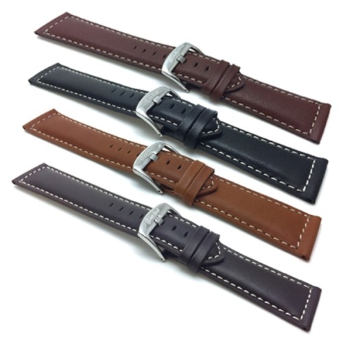 30mm Tan Genuine Leather Watch Band Strap, Mat Finish, White Stitching, Also Comes in Black, Light Brown and Brown
