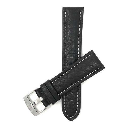 26mm Black Classic Genuine Leather Buffalo Pattern Watch Strap Band, with White Stitching