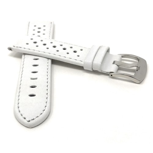 18mm White Vented Racer Genuine Leather Watch Strap Band, with Stainless Steel Buckle