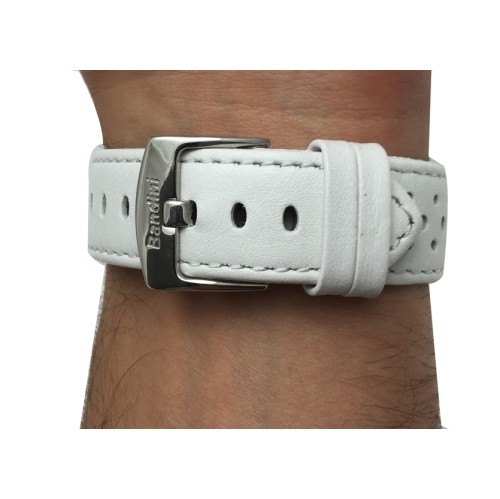 18mm White Vented Racer Genuine Leather Watch Strap Band, with Stainless Steel Buckle