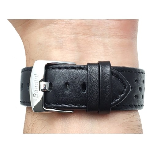 20mm Black Smartwatch Strap for Motorola 360, Leather, Vented Racer, Stainless Steel Buckle