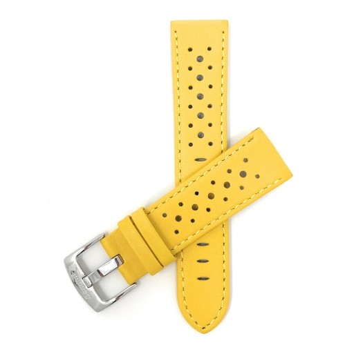 BANDINI  24MM Vented Racer Genuine Leather Watch Strap Band, With Stainless Steel Buckle In Yellow