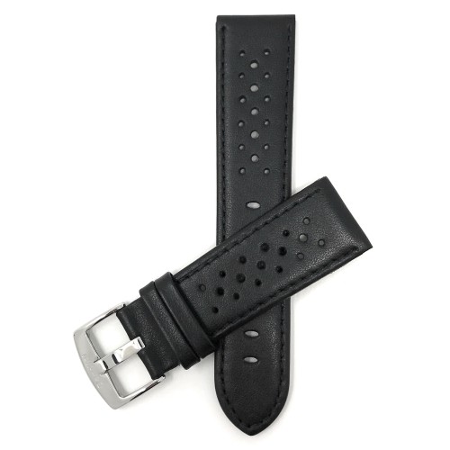 BANDINI  24MM Vented Racer Genuine Leather Watch Strap Band, With Stainless Steel Buckle In Black