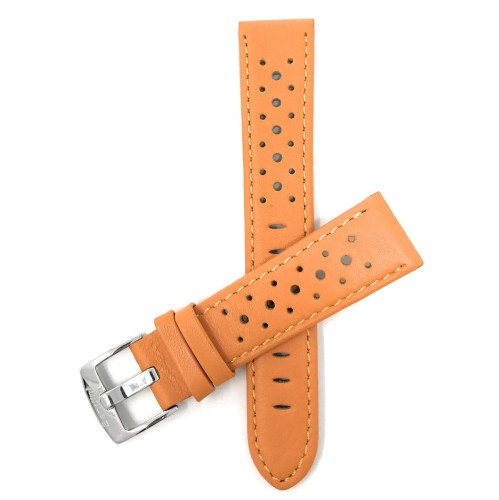 BANDINI  24MM Vented Racer Genuine Leather Watch Strap Band, With Stainless Steel Buckle In Orange