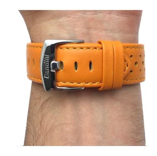 24mm Orange Vented Racer Genuine Leather Watch Strap Band, with Stainless Steel Buckle