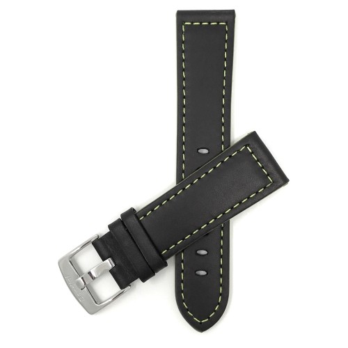 BANDINI  18MM Leather Watch Strap Band, Racer, Black With Stitching In Green