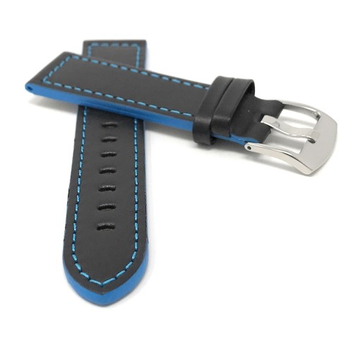 22mm Smartwatch Strap for Motorola 360 (46mm Case), Samsung S3 Classic, Leather, Racer, Black with Blue Stitching