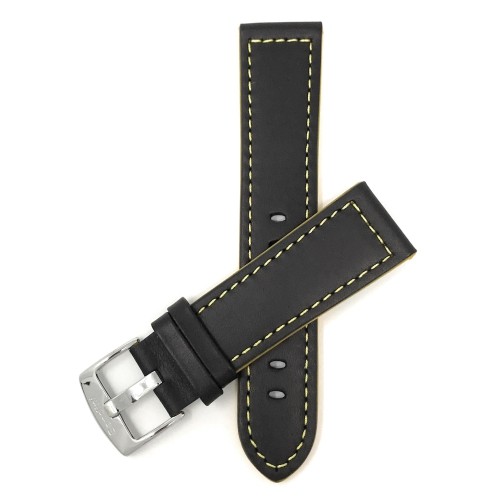BANDINI  18MM Leather Watch Strap Band, Racer, Black With Stitching In Yellow