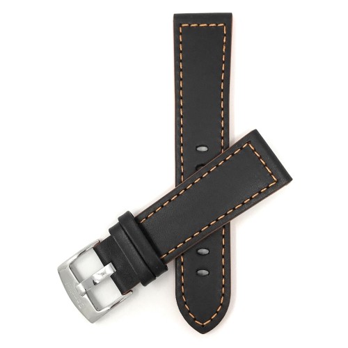 24mm bracelet de montre en cuir véritable, noir avec couture orange, boucle en acier inoxydable