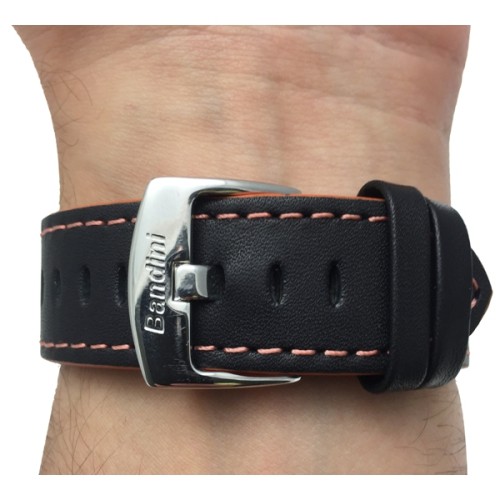 24mm Leather Watch Strap Band, Racer, Black with Orange Stitching