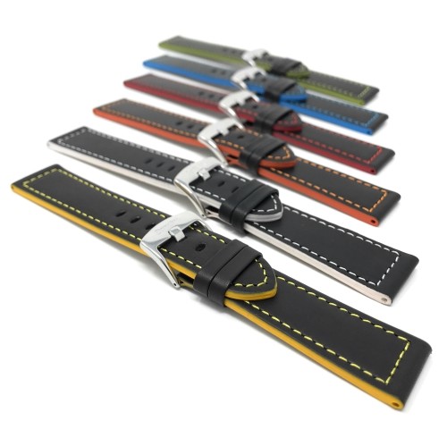 24mm Leather Watch Strap Band, Racer, Black with Orange Stitching