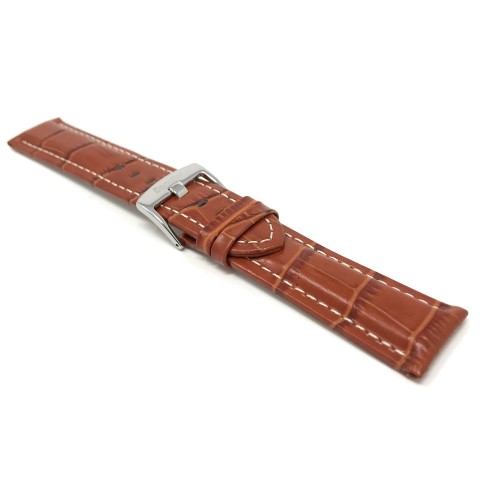 18mm Tan Mens' Alligator Style Genuine Leather Watch Band Strap, With White Stitching, Glossy Finish